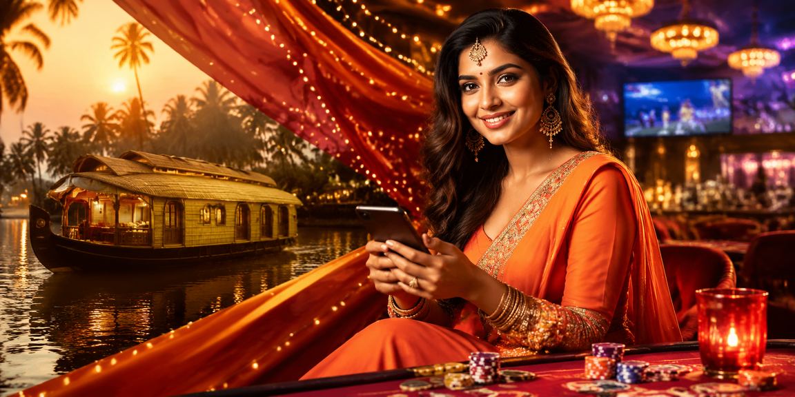 Rummy player using mobile app in Kerala backwaters